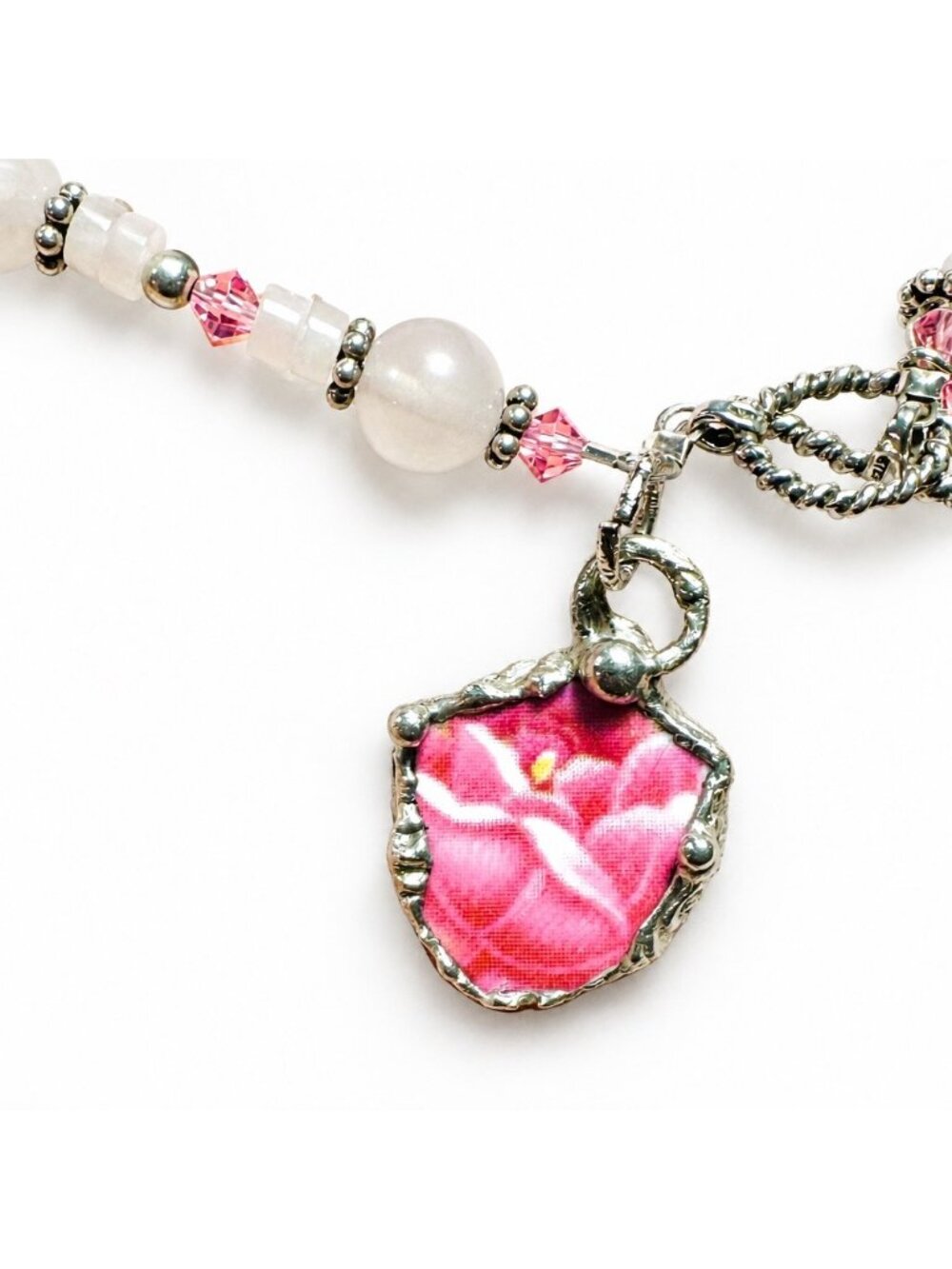 Vintage Pink Rose Quartz Bracelet Broken China Charm Cabochon - Picture 2 of 11